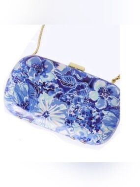 Lilly Pulitzer Blue Floral Hardcase Clutch with Gold Chain